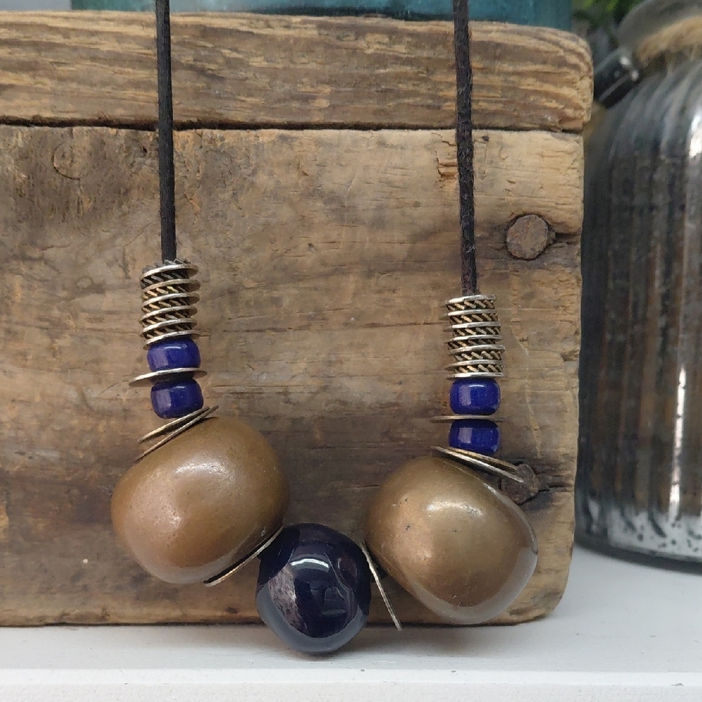 Vintage Handmade Brass Ceramic Beaded Necklace